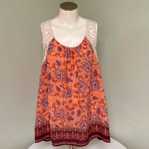 Vanity Salmon Pink and Burgundy Netted and Print Tank Top Size L